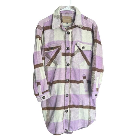 Blank NYC Lavender Beige White Plaid Oversized Long Shirt Jacket Shacket Small - Picture 2 of 15